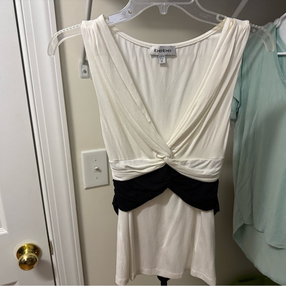 Bebe Cream and Black Twist Front Blouse